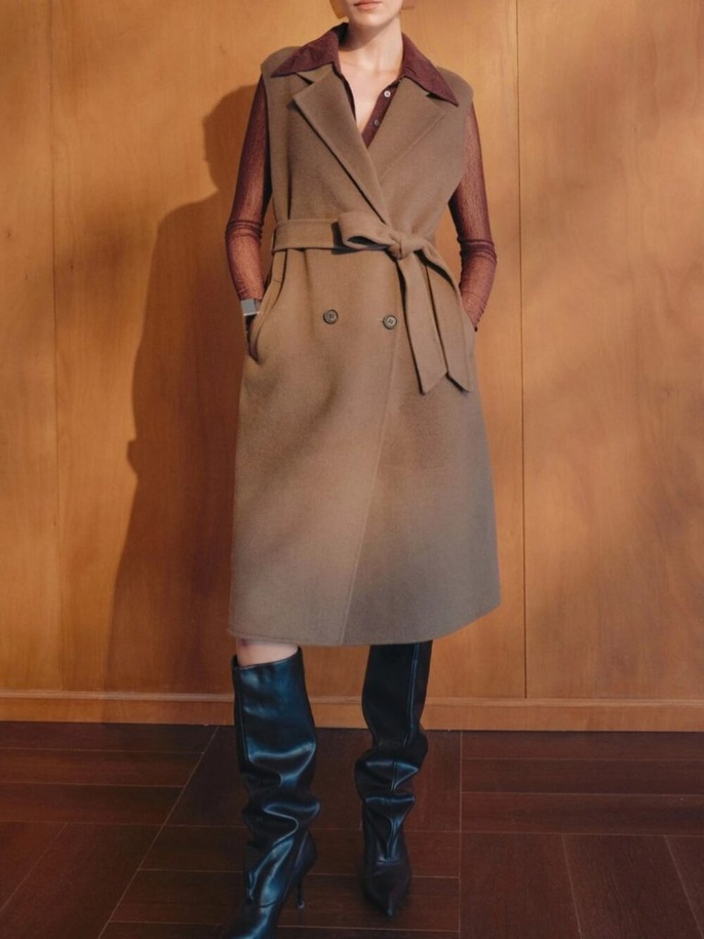 Taupe Brown Wool Belted Double Breasted Sleeveless Longline Coat